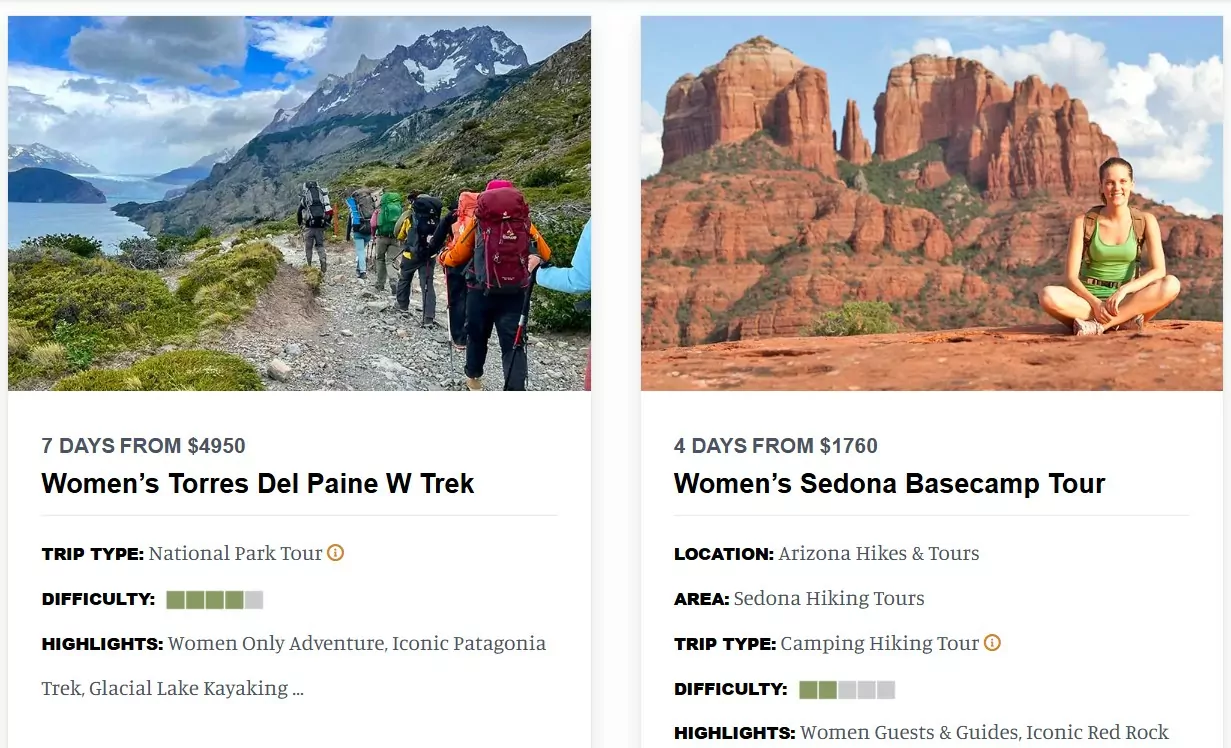 A screenshot from a webpage listing womens adventure tours
